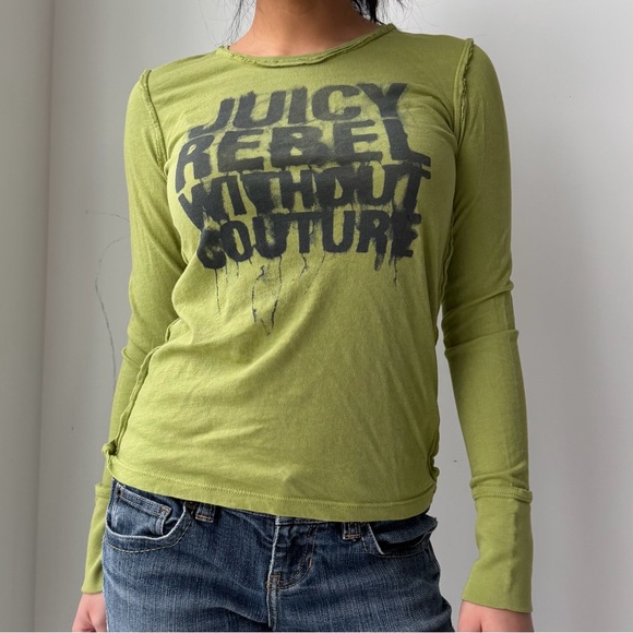 2000s Juicy Couture Made in USA Green Long Sleeve Graffiti Tee - Small - Picture 3 of 4